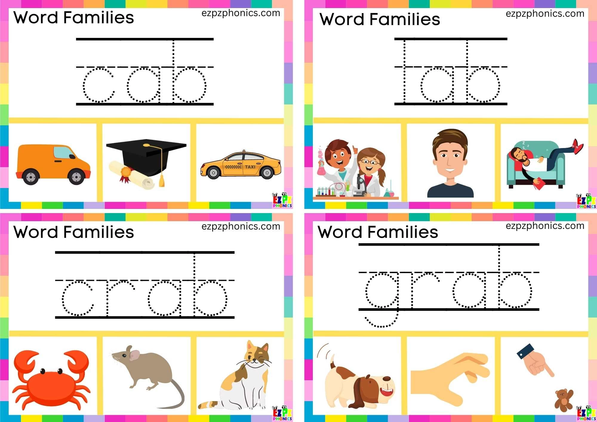 ab Word Family Write the Word then Clip the Correct Image. Clip Card Activity for Kids Set 1